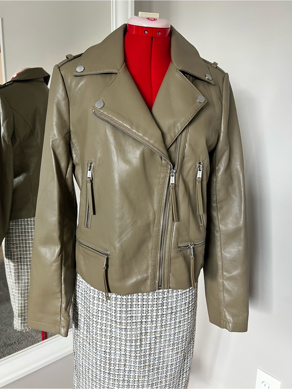 Guess Olive Leather-Feel Moto Jacket with Silver Hardware